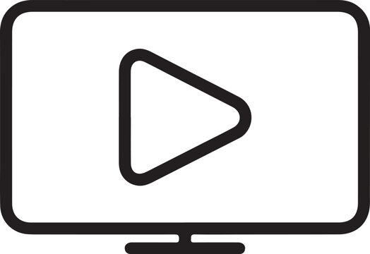 A minimalist black outline icon of a television screen displaying a play button. This clean graphic is perfect for representing video, media playback, or streaming services, isolated on white backgrou
