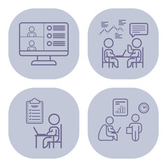 Poster - Collection of various line icons representing activities related to remote work, including video conferencing, meetings, task lists, and data analysis in modern workspace