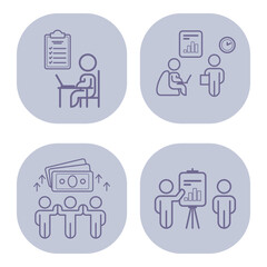 Poster - Collection of four line icons representing various business activities, including data analysis, teamwork, presentation preparation, and financial transactions