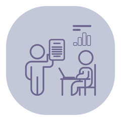 Poster - Person presenting information on document while another sitting at laptop, seemingly analyzing data during meeting. Discussion and decision-making concept