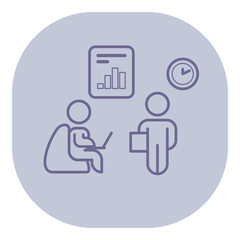 Poster - Two figures engaged in work discussion. One seated with laptop, while other holding briefcase, clock and chart in background