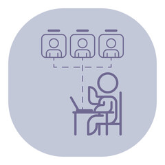 Poster - Simple line icon of person seated at desk engaging in online meeting, interacting with three other participants shown above on screens