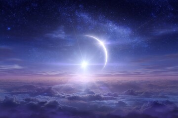 Wall Mural - crescent moon over purple and blue night sky with starry milky way