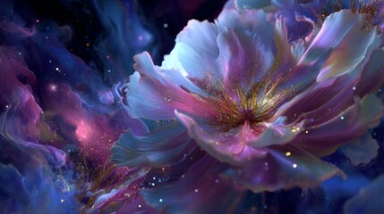 Wall Mural - Cosmic Flower with Gold Glitter and Purple Nebula Background