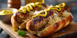 © Daniel - Grilled bratwurst sausages with mustard and sauerkraut in buns