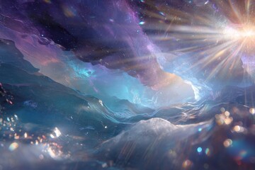 Wall Mural - Cosmic Mountain Landscape With Bright Rays and Vibrant Colors