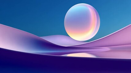 Poster - Celestial Orb: A mesmerizing fusion of light and form, as a luminous orb floats serenely amidst a landscape of soft, undulating waves in shades of blue and purple, invoking a sense of calm and wonder.