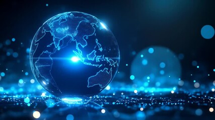 Fototapete - Digital Glowing Globe Displaying World Map with Bokeh Effect on Dark Blue Background