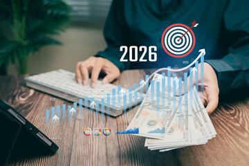 Poster - Business analysis and financial growth strategy with hands on cash and digital graphs indicating positive trends in future projections