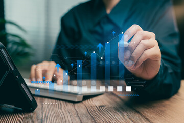 Poster - Business Growth. Businessperson Analyzing Growth Charts with Digital Data Visualization on Laptop in Modern Office Environment
