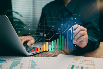 Poster - Growth concept. Business Professional Analyzing Data Trends with Laptop and Graphs to Enhance Company Performance and Decision-Making Strategies