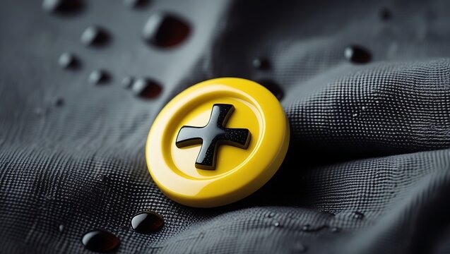 A yellow button with a black cross sits on dark grey fabric with water droplets