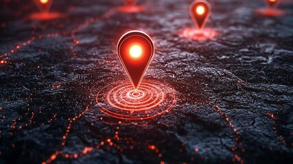 Aufkleber - Glowing Location Pin on Dark Surface: A vibrant, glowing location pin emits a radiant light, standing out against a dark, textured surface. Multiple similar pins are visible in the background.