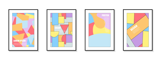 Fototapete - Collection of bright colorful funky abstract posters with geometric shapes. Modern art covers, backgrounds, placards, brochures, banners, flyers, presentation template for your design