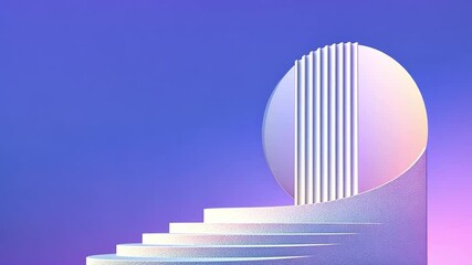Poster - Abstract Stage with Circular Arch: A modern, minimalist 3D rendering of a white, curved staircase leading to a circular platform with vertical lines, set against a gradient purple background.