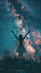 Wall Mural - a woman contemplates the universe from a hilltop under a vibrant night sky filled with stars and neb