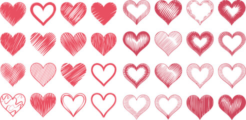 Poster - Heart Icons Vector Set: Hand-Drawn Shapes for Affection, Romance, and Emotional Designs - Red Outlines on Transparent Background for Creative Projects