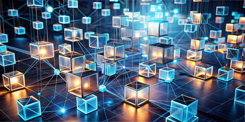 Poster - A network of translucent cubes is suspended in a dark space, glowing with blue and orange lights. The arrangement represents advanced digital connectivity and innovation at night