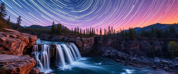 jasper's cascading waterfall, star trails painting the pre-dawn sky, winter, canada
