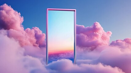 Poster - Dreamlike Portal: An alluring doorway floats amidst a sea of pastel-colored clouds, beckoning viewers towards an ethereal realm of limitless possibilities. This evokes a sense of wonder and serenity.