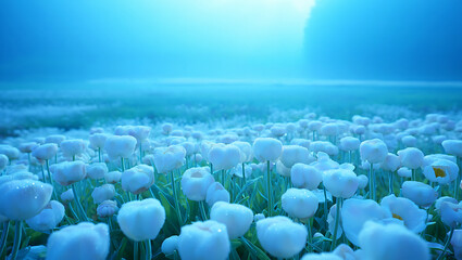 Poster - A field of white tulips under a bright blue sky with a large light source in the distance