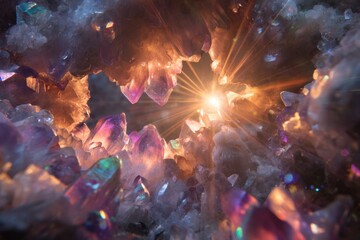 Wall Mural - Luminous Amethyst Geode with Orange Light Rays