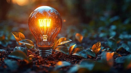 Poster - Lightbulb and Nature: A radiant lightbulb, glowing warmly, is nestled amidst lush foliage, symbolizing the synergy between innovation and the environment.