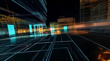 Poster - Futuristic Urban Canvas: A vibrant digital rendering of a modern metropolis unfolds, its architectural framework outlined in radiant lines.