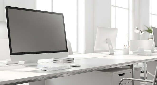 Modern Minimalist Office Workspace Clean Desk Design with Sleek Computers and Bright Windows