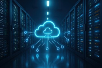 Fototapete - Digital Cloud Connectivity: A futuristic illustration of data servers symbolizing the cloud, data transfer and storage, in a digital realm of connectivity and advanced technology.