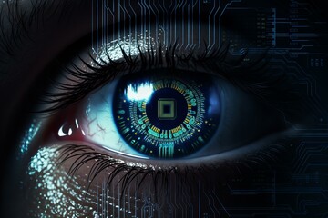 Poster - Close up of a human eye with a futuristic digital circuit board pattern, representing the concept of technological advancement and vision of the future