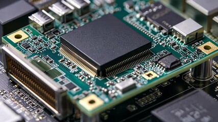 Poster - Electronic Circuitry: A detailed capture of a modern circuit board, revealing its intricate arrangement of electronic components and integrated circuits, symbolizing technology and innovation.