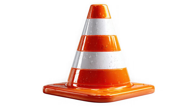 A wet orange and white traffic cone is isolated on transparent background, showing reflective droplets and a square base