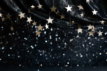 Poster - Golden stars dangle from a shimmering black curtain, creating a magical and festive atmosphere with a bokeh effect