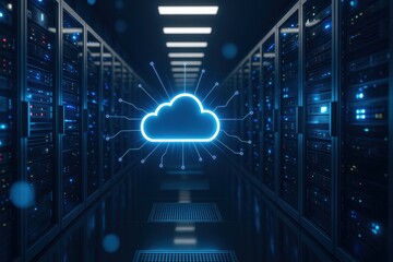Fototapete - Cloud Computing Infrastructure: An illuminated cloud symbol radiates energy, showcasing the core of cloud computing within a modern data center.