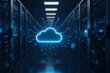 Fototapete - Cloud Computing: A visually compelling depiction of cloud computing, with a luminous cloud graphic overlaid on a server room, illuminating the essence of data storage and network connectivity.