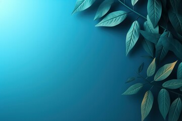 Poster - Teal leaves and branches arranged on gradient blue background creating negative space, ideal for nature, environment, or wellness themes