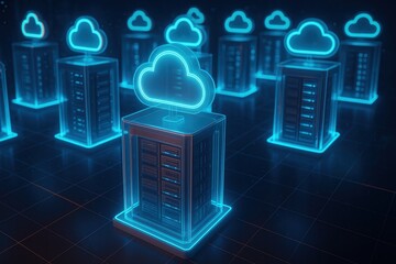 Fototapete - Cloud Computing Network:  A futuristic network of transparent servers with glowing blue cloud icons symbolizes the power and scalability of cloud computing.