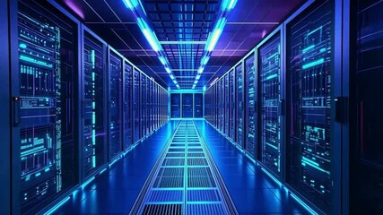 Leinwandbilder - Digital Nexus: A sleek, modern data center with rows of servers bathed in cool, electric blue light, suggesting powerful data processing and digital innovation.