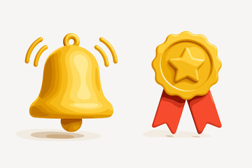 Poster - 3D notification bell and award medal icon set. Realistic vector of a ringing alert reminder symbol and a winner's quality prize ribbon with a star. Achievement, success concept.