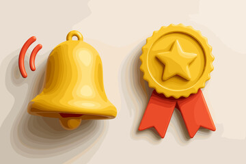 Poster - Realistic 3D notification bell and award medal icon set. Vector illustration of a ringing alert symbol and a quality achievement badge with a star. Success, winner, and reminder concept.