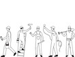 © Naichoui - Set of black and white cartoon illustrations of workers in various poses, including a painter on a ladder, a handyman, and a worker with a shovel. This collection is perfect for themes of construction