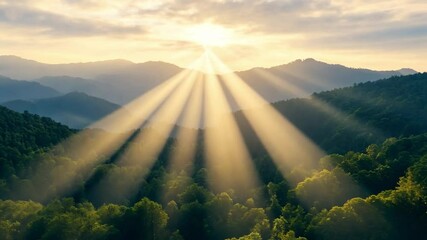 Poster - Sunlit Mountain Majesty: Capturing the radiant brilliance of a sunrise over a mountainous landscape, with shafts of sunlight piercing through the clouds to illuminate the lush greenery below.