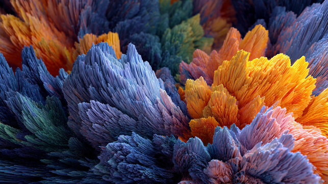 Abstract colorful fractal landscape with blue orange and yellow textured formations visible closely