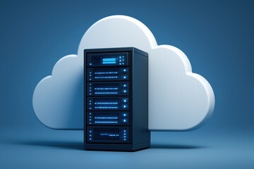 Fototapete - Data Cloud's Fortress: A modern server tower stands tall against a serene, stylized cloud, symbolizing data storage and computing.