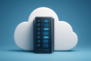 Fototapete - Cloud Server and Technology: A server tower rests in front of a digital cloud symbol, representing cloud computing and data storage solutions.