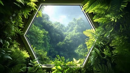Poster - Window to the Jungle: A captivating view through a hexagonal window frames a lush jungle, inviting viewers into the heart of nature.