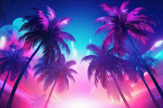 Vibrant neon lights illuminating palm trees in a synthwave retro futuristic night scene