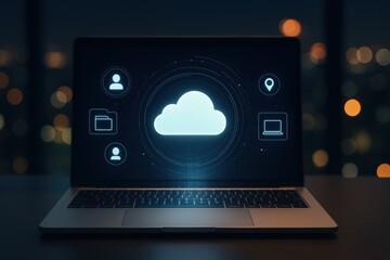 Fototapete - Cloud Computing on Laptop: A glowing cloud computing symbol is displayed on a laptop screen, representing data storage, connectivity, and digital technology in a dark room setting.
