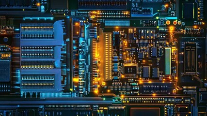 Poster - Circuit Board Closeup: Intricate network of microchips, resistors, and conductors glowing with vibrant blue and orange light, showcasing the complexity of modern technology.
